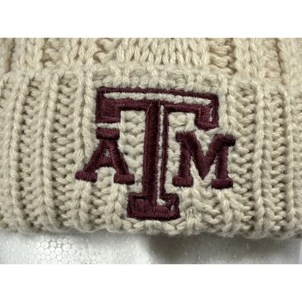 Captivating Texas A&M Aggies Beanie Cream Cable Knit Faux Fur Pom Pom Hat